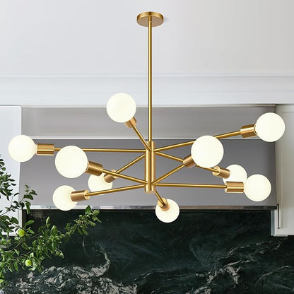 10.9"-52.3" Height Adjustable Sputnik Chandeliers Dining Room Light Fixture (10-Light, 32-Inch), Modern Brushed Gold Chandelier, Mid Century Modern Chandeliers for Bedroom Kitchen (Bulbs Not Included)