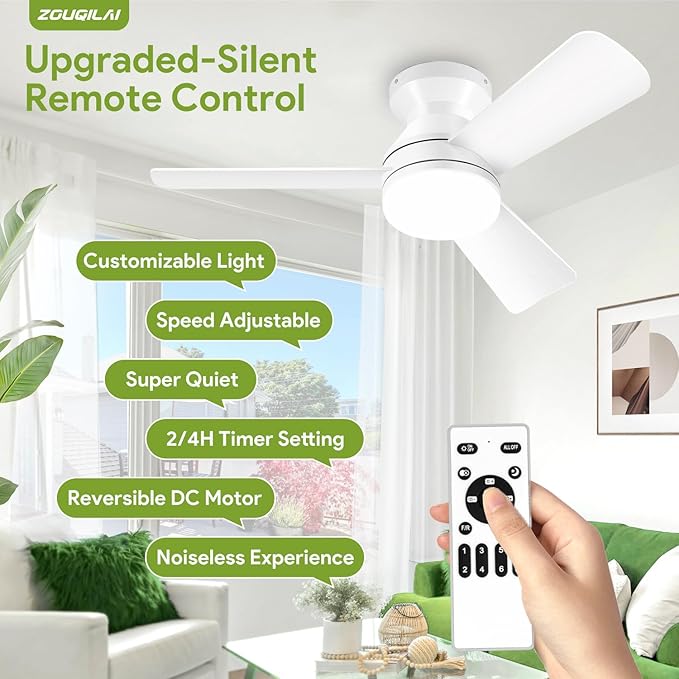 35" White Ceiling Fans with Lights and Remote, Low Profile Ceiling Fan with Light, Reversible DC Motors, 3CCT Dimmable Timer Noiseless, Flush Mount Ceiling Fan for Bedroom/Living Room