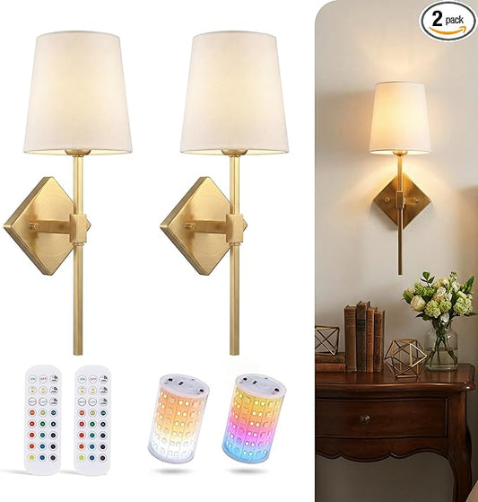 CLOUDY BAY 10000mAh Battery Operated Wall Sconces,Up to 100 Hours with Rechargeable RGB Dimmable Magnetic Bulb,Cordless Wall Lighting Fixtures with Remote for Bedroom,Soft Gold,2 Pack-18inch