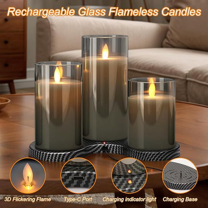 GenSwin Rechargeable Candles with Charging Station, Glass Flameless Candles with Remote, LED Pillar Flickering Candle Battery Operated for Halloween Christmas Home Party Decor(Pack of 3, Gray)