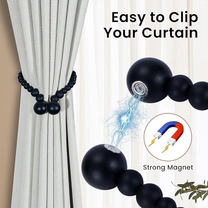 KLOGTSIND Magnetic Curtain Tiebacks, Curtain Tie Backs for Curtains 4 Pack, Wood Bead Curtain Tiebacks, Curtain Holders for Boho Bedroom Decor, Baby Nursery Decor, Farmhouse Decor