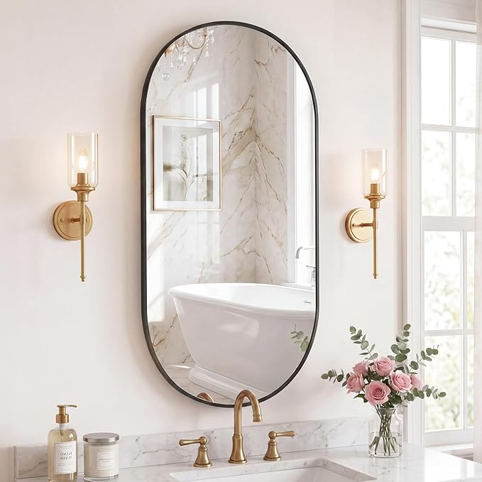 NEWBULIG 24" x 48" Oval Bathroom Mirror, Black Wall Mirror with Metal Frame, Tempered Glass, Morden Vanity Mirror for Over Sink, Entryway, Living Room, Bedroom, Horizontal or Vertical