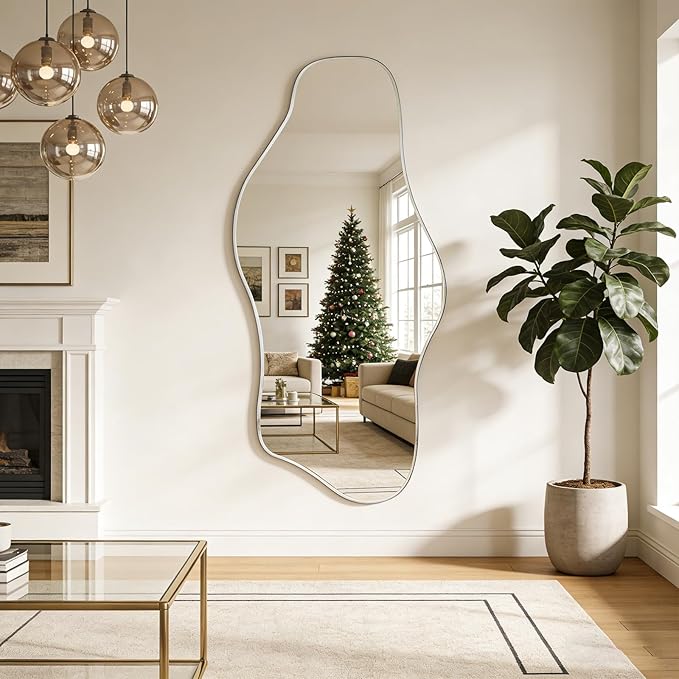 Large Irregular Mirror, 67"x31" Silver Asymmetrical Frameless Mirror Full Length, Organic Tempered Glass Mirrors for Living Room Bedroom Hallway Entryway, Horizontal or Vertical Hanging