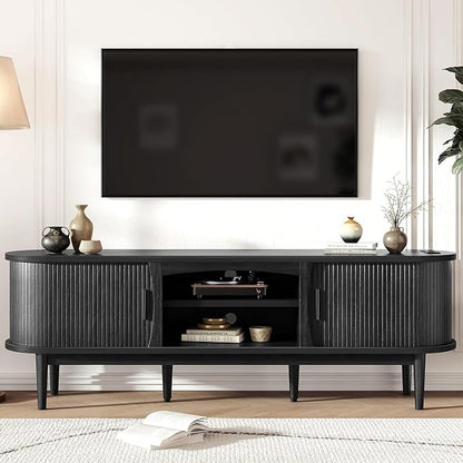 Decofy Mid Century TV Stand for TVs up to 65 Inches, Entertainment Center with Storage, Power Outlet, Fluted Sliding Doors & Adjustable Shelves, Modern Media TV Console Table for Living Room (Black)