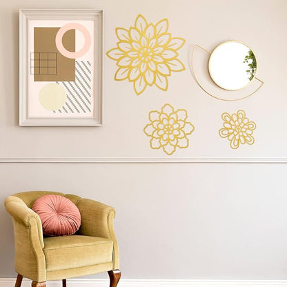 Moxweyeni 3 Pieces Metal Flowers Wall Decoration, Metal Rustic Wall Art Farmhouse Multiple Floral Hanging Decoration for Bathroom Living Room Kitchen Garden Office(Gold)