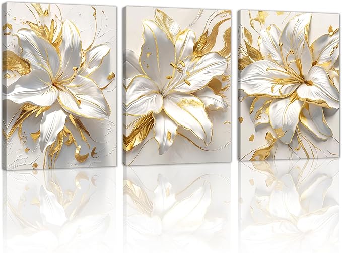 WENGTIAO 3Pcs Elegant White Lily Flowers Canvas Wall Art Boho White Floral Gold Edges Prints Pictures Paintings Beige Blossom Artwork for Living Room Bedroom Office Bathroom 16”x24 x3