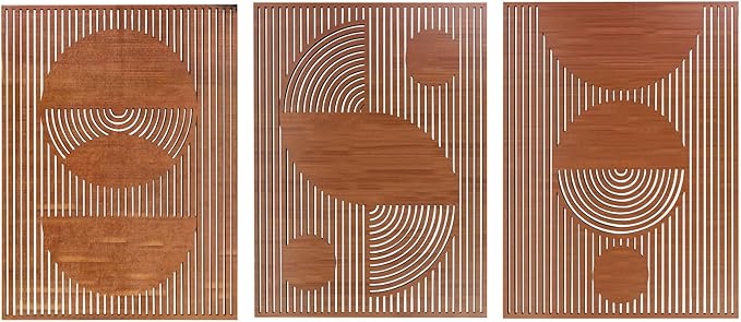 Betinyar 3PCS Geometric Abstract Wood Wall Art, Modern Wood Wall Decor with Hollow Design & Metal Hook, Vintage Brown Minimalist Home Decor for Living Rooms, Bedrooms, Offices, & Cafes (Dark brown)