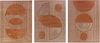 Betinyar 3PCS Geometric Abstract Wood Wall Art, Modern Wood Wall Decor with Hollow Design & Metal Hook, Vintage Brown Minimalist Home Decor for Living Rooms, Bedrooms, Offices, & Cafes (Dark brown)