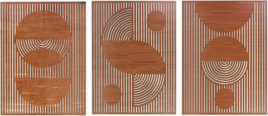 Betinyar 3PCS Geometric Abstract Wood Wall Art, Modern Wood Wall Decor with Hollow Design & Metal Hook, Vintage Brown Minimalist Home Decor for Living Rooms, Bedrooms, Offices, & Cafes (Dark brown)