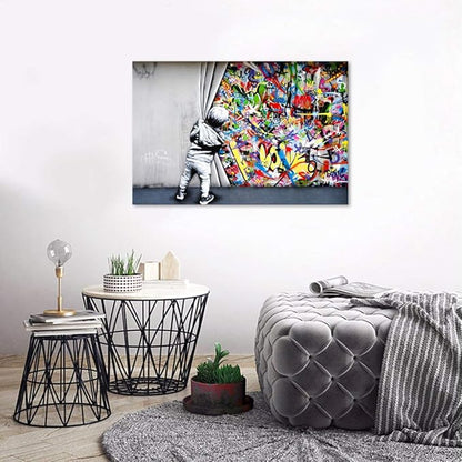 Yatsen Bridge Classic Street Art Banksy Graffiti Wall Art Behind The Curtain Posters Canvas Paintings Colorful Graffiti Pictures Prints Framed for Living Room Home Decor(36''W x 24''H)