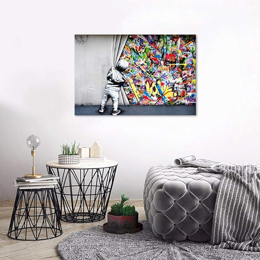 Yatsen Bridge Classic Street Art Banksy Graffiti Wall Art Behind The Curtain Posters Canvas Paintings Colorful Graffiti Pictures Prints Framed for Living Room Home Decor(36''W x 24''H)