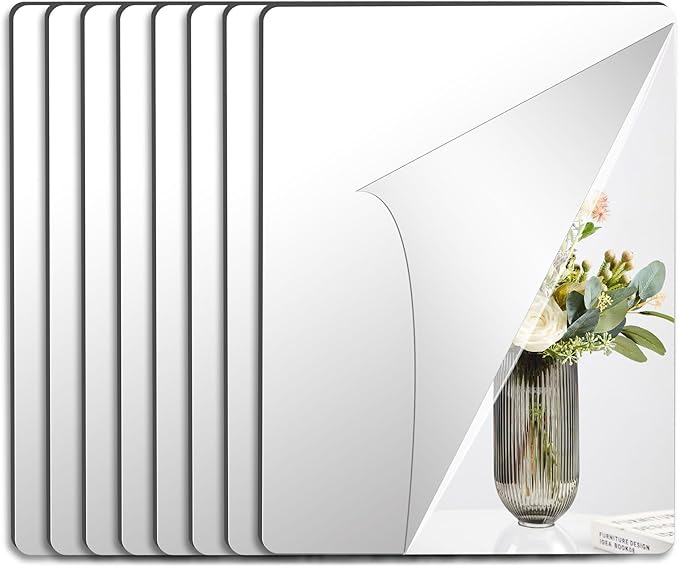 JUNEBRUSHS 8 Pack Self Adhesive Acrylic Mirror, 12x16 Inch Mirror Tiles,Flexible Sheets Wall Stickers, Frameless Small Mirror