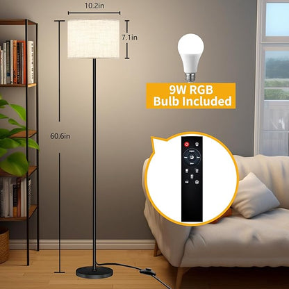 Qaubauyt Smart LED Floor Lamp with APP Control & RGB Colors - Dimmable Standing Lamp for Living Room, Bedroom, Gaming - Remote, Timer, 9W Bulb Included, 60.6" Modern Tall Lamp (Beige)