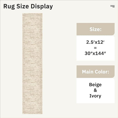 Soalmost Runner Rug 2'6" x 12' Washable Non-Slip Runner Rugs for Kitchen Bathroom Laundry Room Vintage Ultra Thin Runners for Hallway Entryway Beige