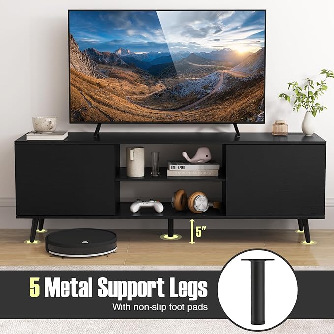 Tangkula TV Stand for 60" TVs, Entertainment Center w/Power Outlets, Mid Century Modern Media TV Console Table w/Adjustable Shelf, 2 Cabinets & Metal Support Legs for Living Room (Black)