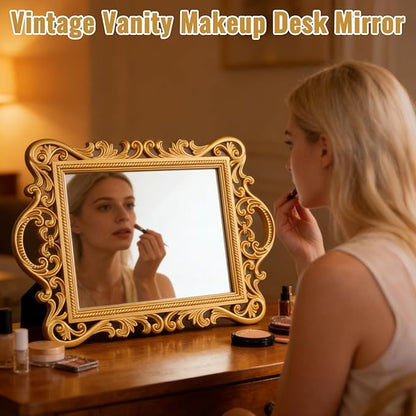YEXEXINM 3 Styles Vintage Gold Mirror Set Decorative Antique Mirrors for Wall Hanging Vanity Table Mirrors with Stand Resin Frame Retro Mirror for Living Room, Bedroom, Dresser & Photography Decor