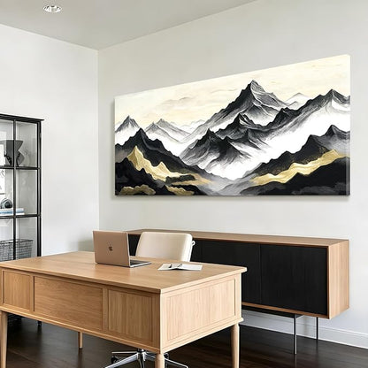 Oversized Black White And Gold Modern Abstract Landscape Wall Art For The Living Room; Canvas Print Of Natural Mountain; A Casual And Elegant Artwork Suitable For Bedrooms, Dining Rooms, Offices, And Galleries. 58X29 Inch