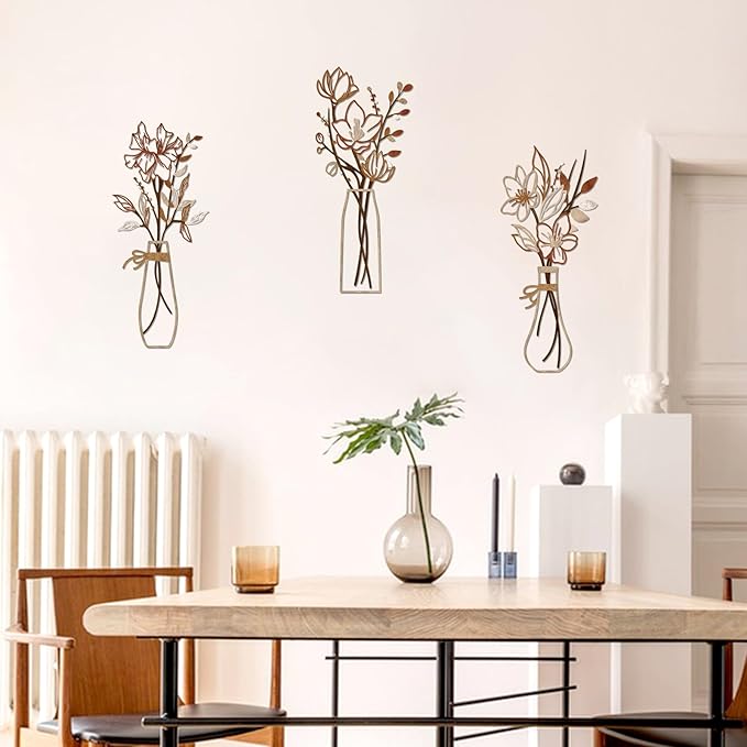 Zzbakress 3 Pcs Metal Flowers Wall Arts Rustic Farmhouse Decor Bathroom Wall Decor Metal Wall Decor for Living-room Dining-Room Kitchen Minimalist Decor Housewarming Gifts(Light Brown)