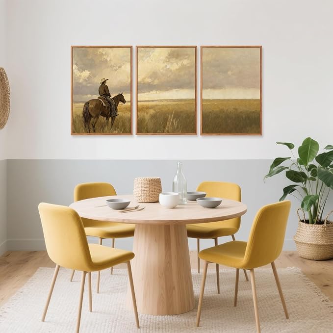 Aurlan Western Cowboy Framed Wall Art(16"x24"), 3PCS Vintage Neutral Southwestern Horse Riding Canvas Artwork, Mid Century Modern Ranch Gobi Desert Landscape Decor for Man Cave Bedroom