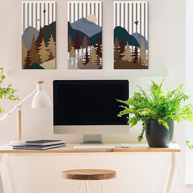 Suzile 3 Pcs Wall Sculptures Wooden Wall Decor Boho Geometric Line Hollow Wall Decor Mid Century Modern Decor Minimalist Geometric Art for Living Room Bathroom Bedroom Office Kitchen (Forest)