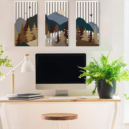 Suzile 3 Pcs Wall Sculptures Wooden Wall Decor Boho Geometric Line Hollow Wall Decor Mid Century Modern Decor Minimalist Geometric Art for Living Room Bathroom Bedroom Office Kitchen (Forest)