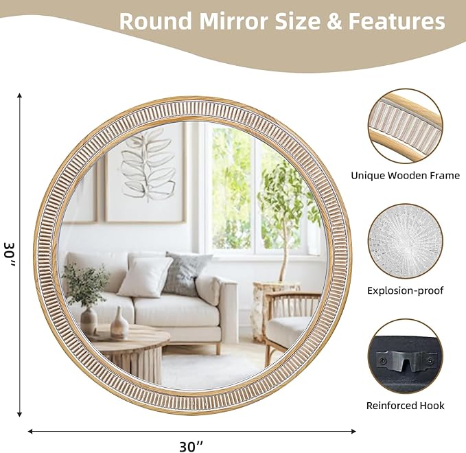 HOITUZYUS Round Wood Mirrors for Wall Decor, 30 Inch Rustic Farmhouse Circle Decorative Mirror for Bathroom, Living Room, Foyer, Entryway, Bedroom