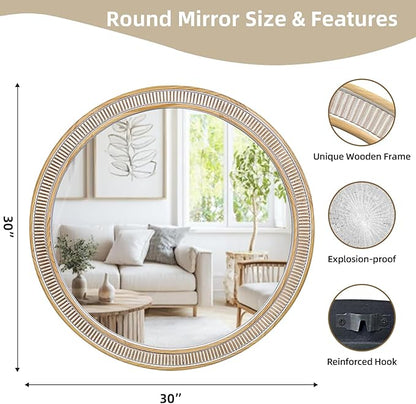 HOITUZYUS Round Wood Mirrors for Wall Decor, 30 Inch Rustic Farmhouse Circle Decorative Mirror for Bathroom, Living Room, Foyer, Entryway, Bedroom