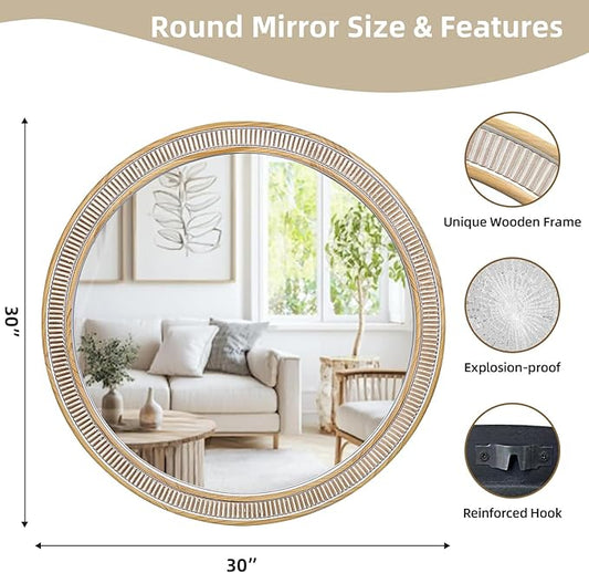 HOITUZYUS Round Wood Mirrors for Wall Decor, 30 Inch Rustic Farmhouse Circle Decorative Mirror for Bathroom, Living Room, Foyer, Entryway, Bedroom