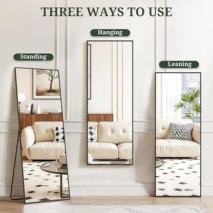 Mirror Full Length 59"x16" Full Body Floor Mirror with Stand, Shatterproof Glass, Aluminum Alloy Frame, Free Standing Wall Mounted or Leaning Rectangle Mirrors for Bedroom Living Room Entryway