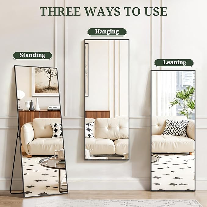 Mirror Full Length 56"x15" Full Body Floor Mirror with Stand, Shatterproof Glass, Aluminum Alloy Frame, Free Standing Wall Mounted or Leaning Rectangle Mirrors for Bedroom Living Room Entryway