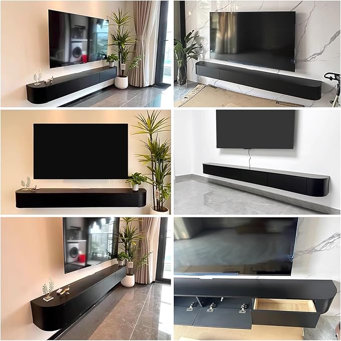 Modern Wall-Mounted Wooden TV Cabinet, White Media Console with Drawers, Cable Management, Hollow Back, Stylish Entertainment Center, 140x24x20cm TV Stand