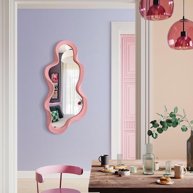Wavy Mirror Wall Decor for Living Room, 13.8x29.7 Asymmetrical Wall Mounted Mirror with Velvet Touch for Girly Bedroom Decoration, Unique Home Accent for Modern Room Aesthetics (Light Pink)