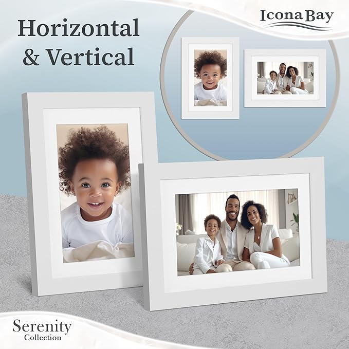 Icona Bay 4x6 Picture Frames w/Removable Mat for 3x5 Photos (White, 10 Pack), Sleek Modern Style Frames, Table Top or Wall Mount, Serenity Collection