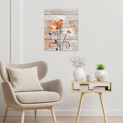 HVEST Farmhouse Orange Floral Wall Art for Living Room, Daisy Flower and Butterfly on Rustic Wood Pictures Wall Decor Nature Plant Framed Canvas Wall Art for Bedroom Bathroom Decor,10L X 8W inches
