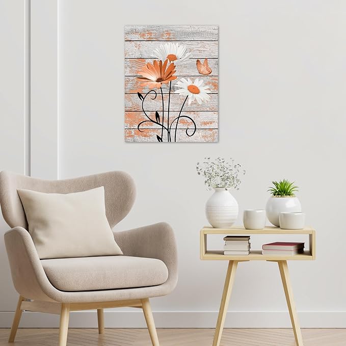 HVEST Farmhouse Orange Floral Wall Art for Living Room, Daisy Flower and Butterfly on Rustic Wood Pictures Wall Decor Nature Plant Framed Canvas Wall Art for Bedroom Bathroom Decor,16L X 12W inches