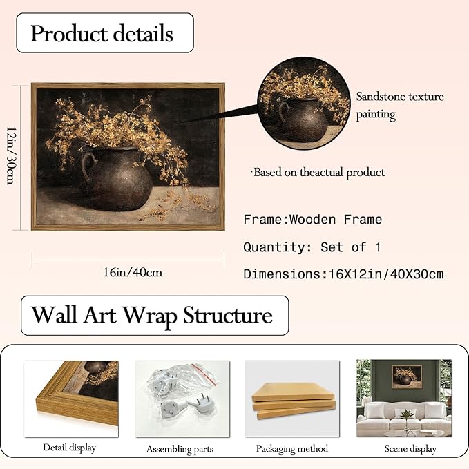 Framed Vintage Floral Wall Art, 3D Textured Sandstone Dark Still Life Flowers Wall Decor Paintings, Rustic Botanical Pictures Prints Aesthetic Home Decor for Living Room Bedroom 12x16 inch