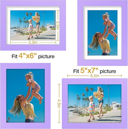 Vittanly 5x7 Picture Frames Set of 9, Display 4x6 Pictures with Mat or 5x7 without Mat, Photo Frames for Wall or Tabletop with Plexiglass, Engineered Wood, Purple