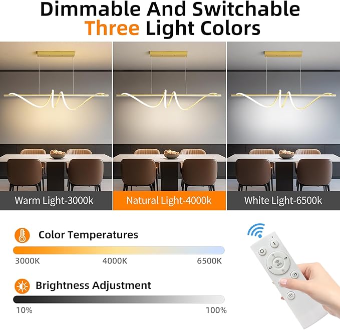 Modern LED Gold Pendant Light, 39IN Ceiling Chandelier Fixtures Dimmable with Remote Control 3000k-6500K Adjustable Color Temperature, Aluminum Island Lighting Lamp for Dining Room, Living Room