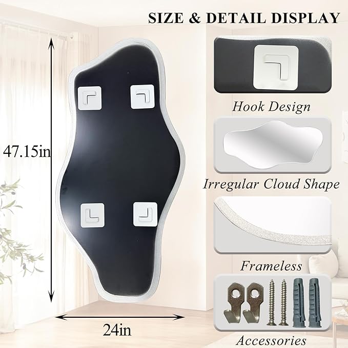 Irregular Wall Mirror, 47.2"x24" Silver Asymmetrical Tempered Glass Mirror, Modern Abstract Frameless Mirrors for Living Room Bedroom Hallway Entryway, Horizontal or Vertical Hanging