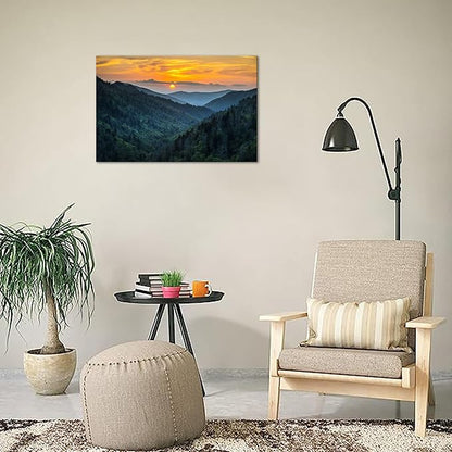 Forest Sunrise Wall Art Decor Great Smoky Mountains Photo Prints National Park Landscape Canvas Painting Artwork Framed for Bedroom Living Room (16x24 inch)