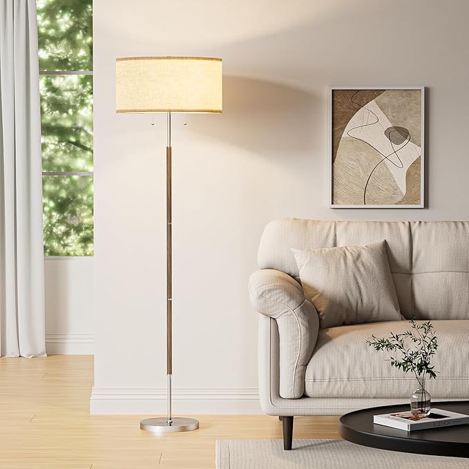 Karjoefar 2-Light Floor Lamp, Mid Century Floor Lamp with Beige Lampshade, Standing Lamp Tall Lamp for Living Room Bedroom, 3 Color Temperatures 9W Bulb Include