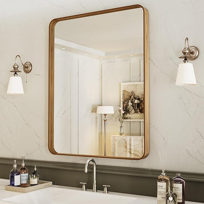 LOAAO 24X36 Inch Bathroom Mirror with Wood Grain Colored Metal Frame, Rounded Rectangle Metal Framed Bathroom Mirror, Anti-Rust, Hangs Horizontally or Vertically