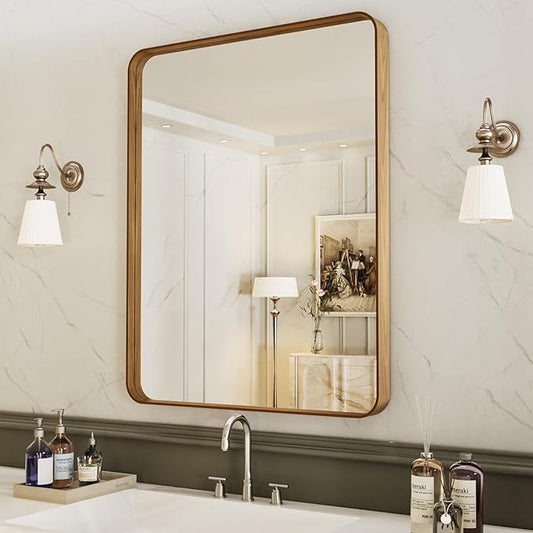 LOAAO 24X36 Inch Bathroom Mirror with Wood Grain Colored Metal Frame, Rounded Rectangle Metal Framed Bathroom Mirror, Anti-Rust, Hangs Horizontally or Vertically