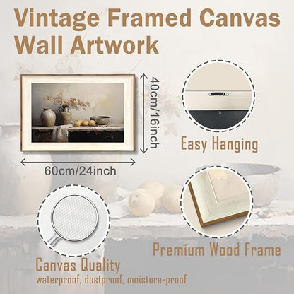 ASTRDECOR Framed Kitchen Wall Art Prints, Rustic Kitchen Farmhouse Wall Decor Living Room, Vintage Jars Still Life Oil Painting Dining Room Wall Decor, Fruits Botanical Canvas Wall Art-16''x 24''