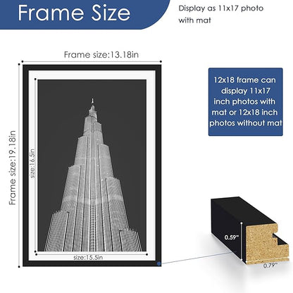 PEALSN 12x18 Picture Frame Set of 6, Display Pictures 11x17 with Mat or 12x18 without Mat for Wall Mounting Display, Poster Frames Collage for Wall Decor, Black.