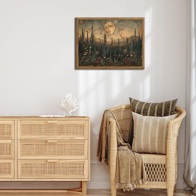 Vintage Nature Forest Wall Art Dark Moon Landscape Painting Wall Decor Woodland Picture Artwork 3D Textured Hand Drawn Sandstone for Farmhouse Bedroom Living Room 24x36 inch Wood Framed