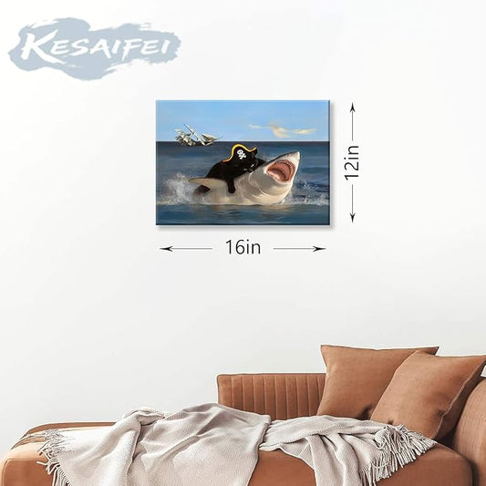 Funny Cat Biting Shark Posters, Interesting Animal Shark Wall Art, Quirky Pirate Black Cat Pictures, Whimsical Animal Paintings Wall Art, Art Prints for Bathroom Living Room Bedroom Washroom 12x16 Inches. Unframed