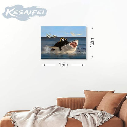 Shark Black Cat Canvas Wall Art,Framed Cat Wall Art, Quirky Pirate Cat Paintings, Whimsical Animal Paintings Wall Decor, Art Prints for Bathroom Living Room Bedroom Washroom,Ready To Hang 12x16 Inches.