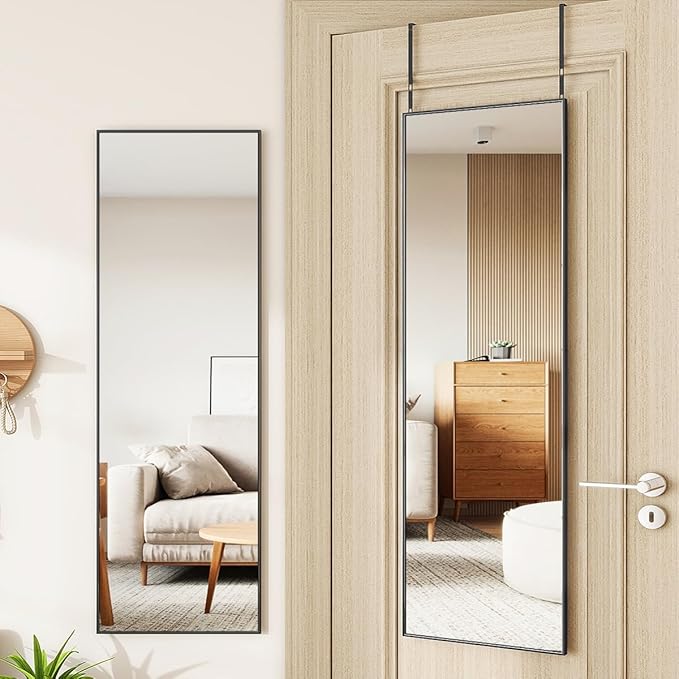Door Mirror, Over The Door Full Length Mirror, 50"x16" Hanging Mirrors, for Bedroom, Living Room, Entryway, Dorm, Black