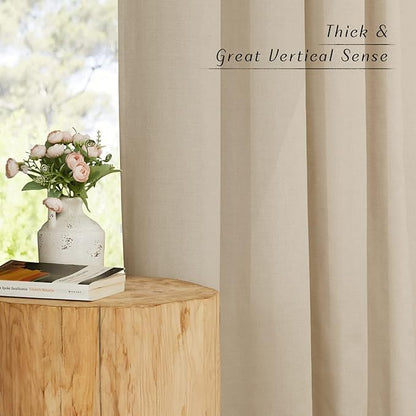 NICETOWN Thick Flax Linen Curtains for Living Room, Rustic Grommet Semi Sheer Privacy Assured Linen Blend Drapes with Light Filtering for Living Room/Bedroom, Angora, W55 x L96, 1 Pair